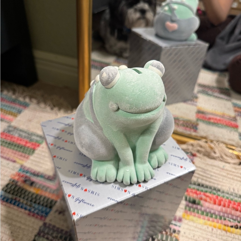 Simson Giftware Felt Covered Frog Wearing Overalls Coin Bank Figural Collectible